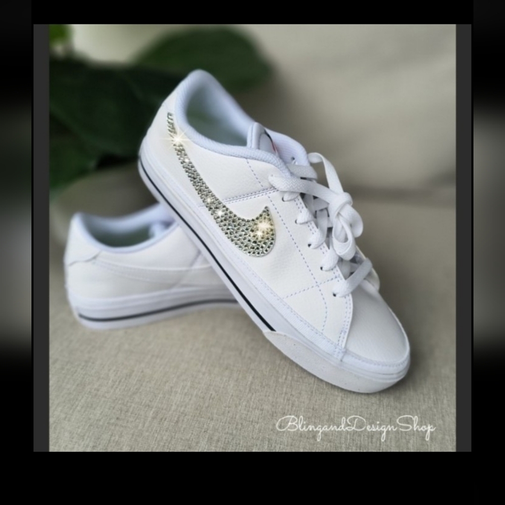 Bling Nike Women's Court Legacy White Sneakers Shoes Customized with Crystals - Picture 4 of 6